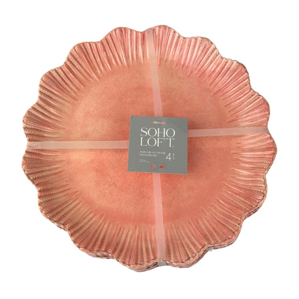 SOHO Loft Melamine Dinner Plate Pink Scalloped Set of 4 10.75" Indoor Outdoor